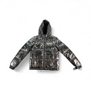 Kendall + Kylie Jacket Womens Medium Black Metallic Puffer Hooded Sherpa Lined